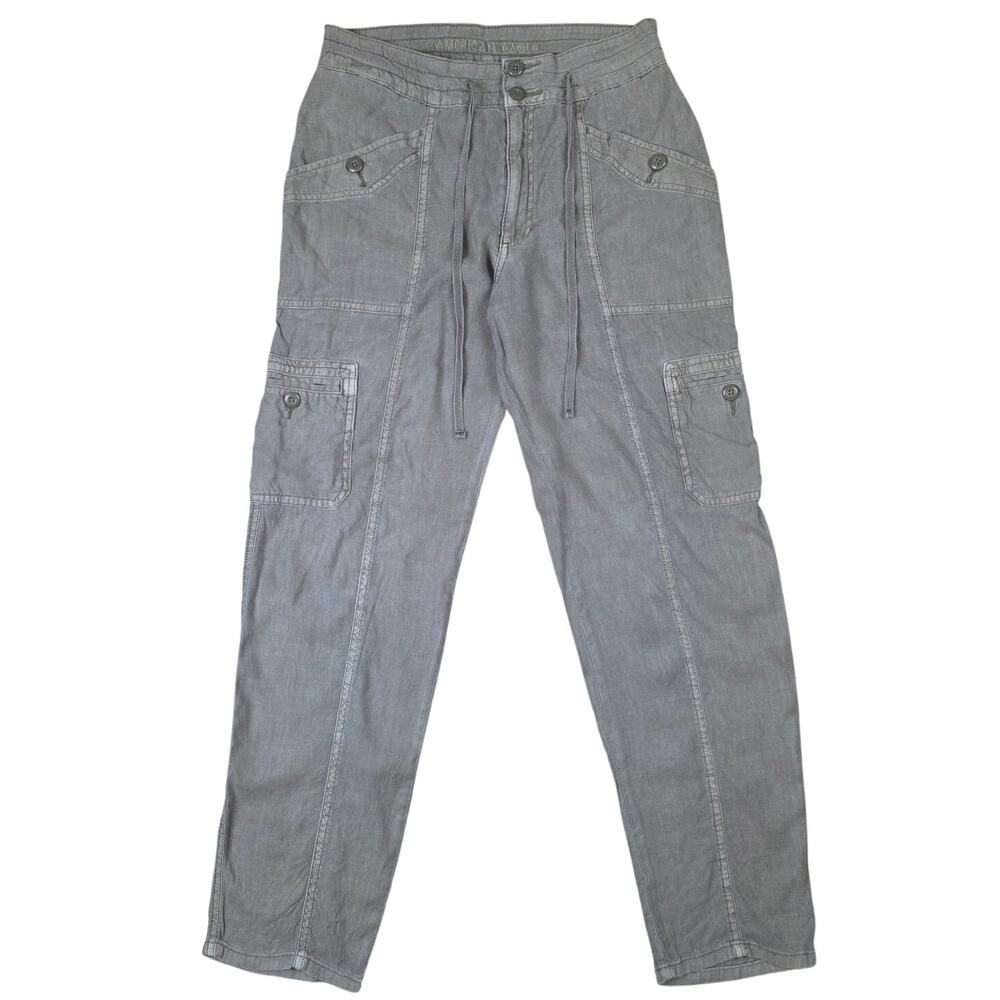 American Eagle Cargo Pants Women 8 Linen Blend Gray Khaki Utility Drawstring Y2K